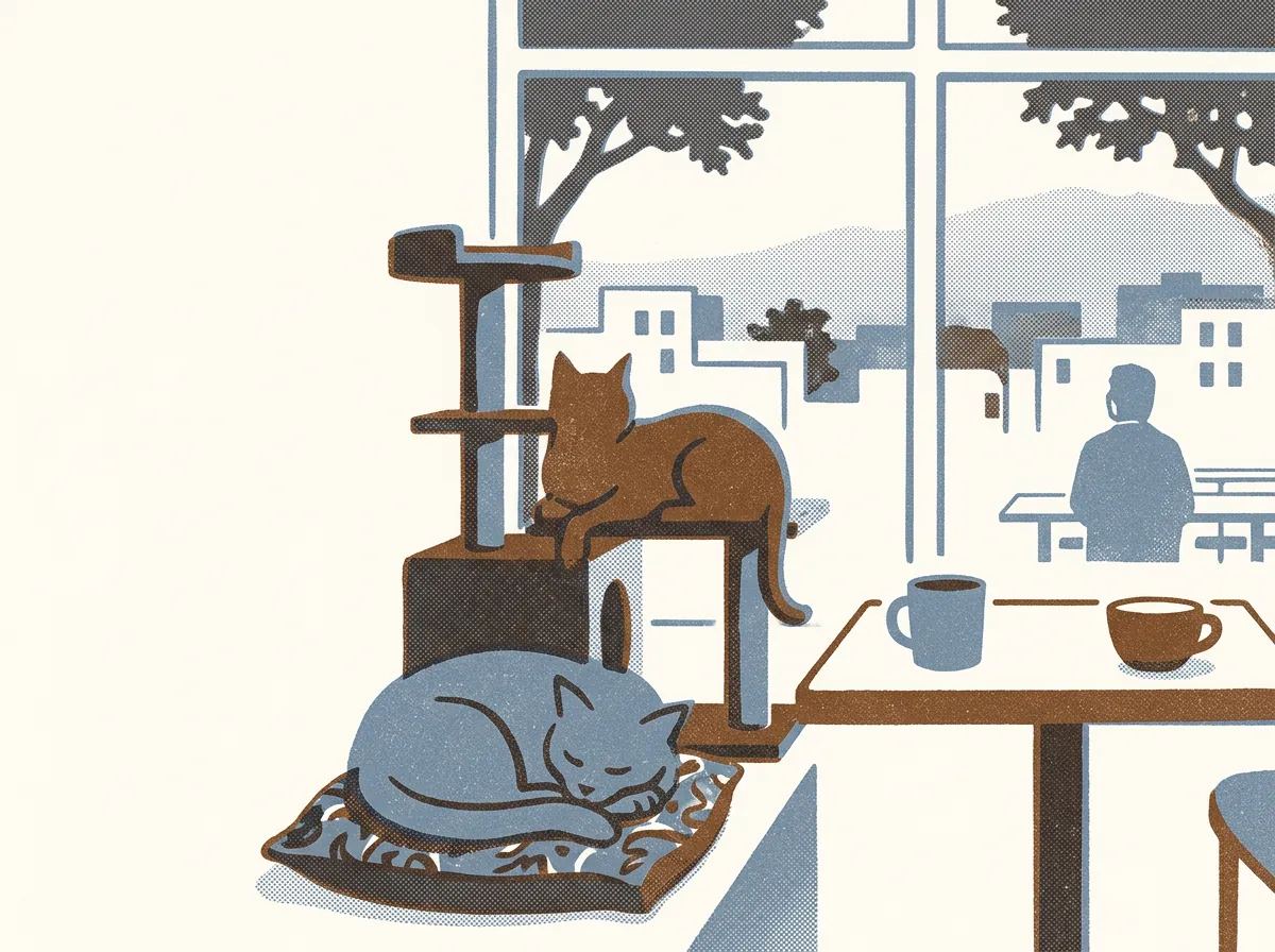 Illustration of cat cafés in Oakland