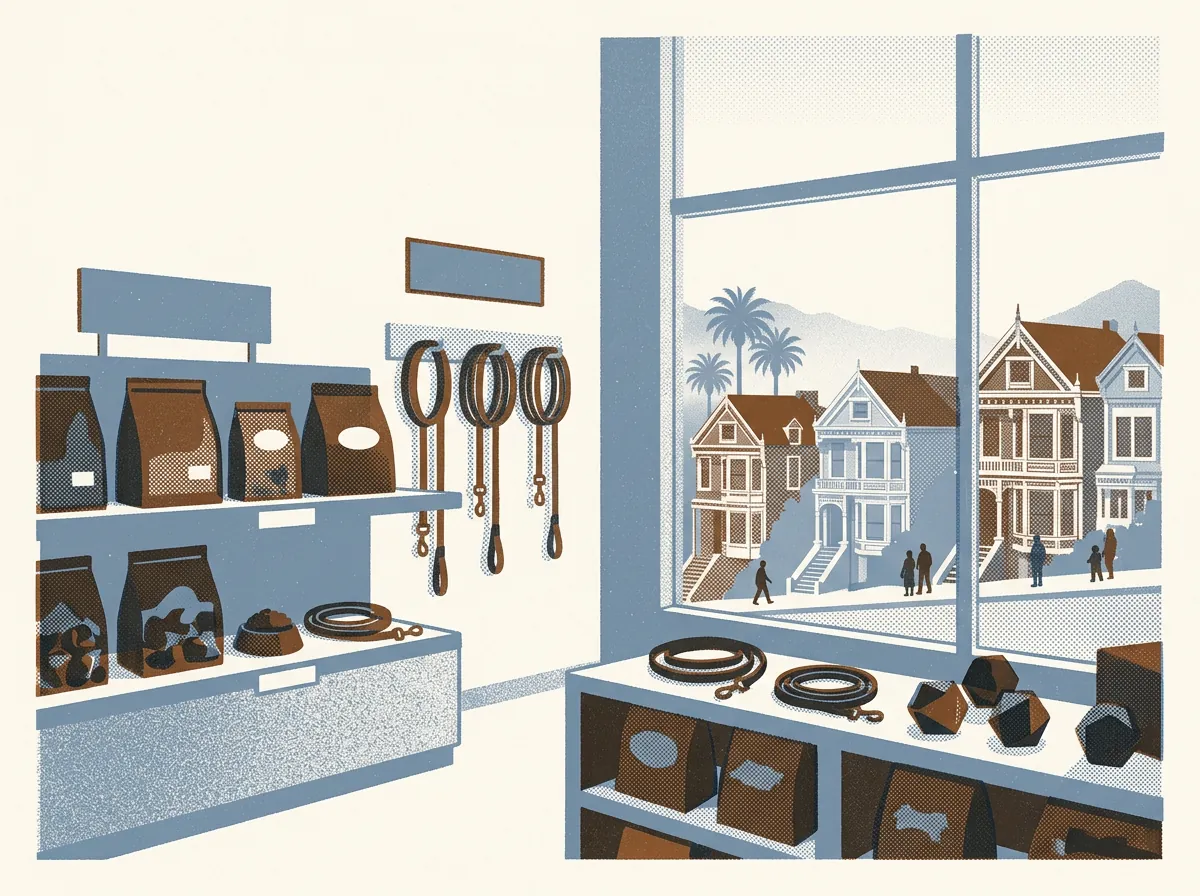 Illustration of pet supply shops in San Francisco